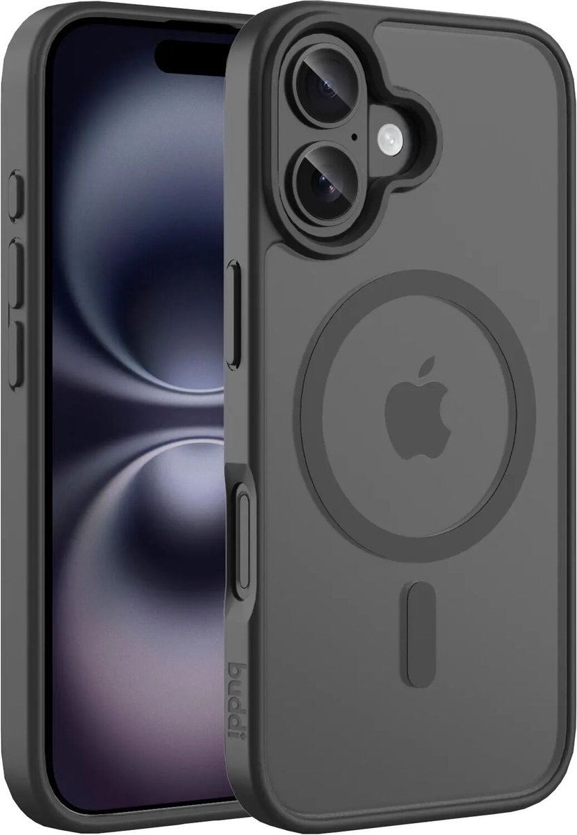 Buddi Frost Hoesje Geschikt voor Apple iPhone 16 - Mat Zwart - MagSafe Back Cover - Matchende kleur - Shockproof - Slank