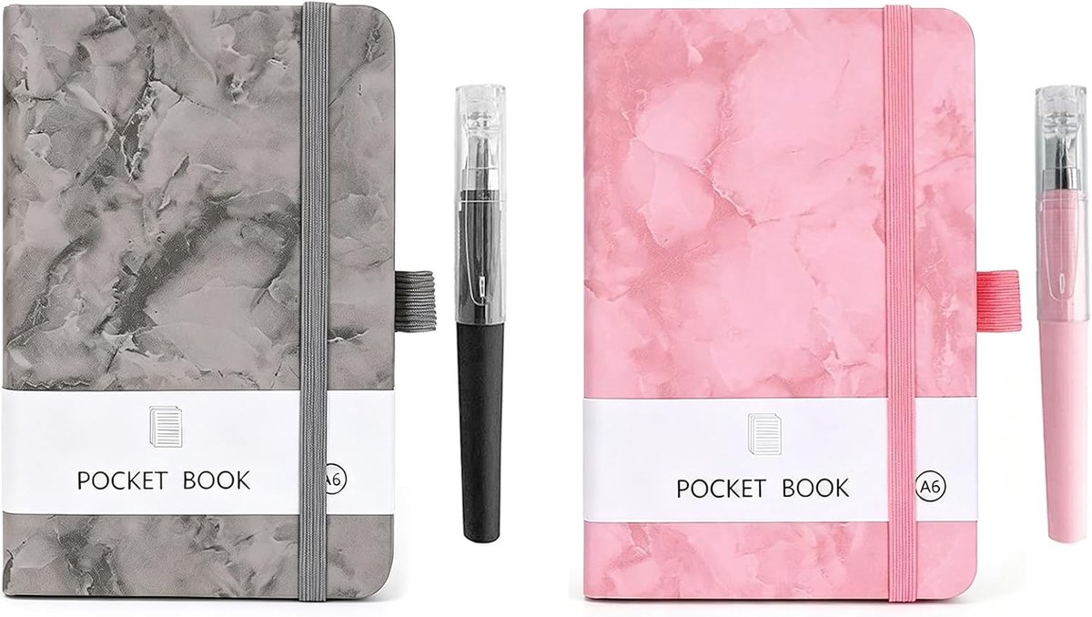 2 stuks notitieboeken A6-set, notitieboek marmer met pennen, hardcover voor kantoor, kunstleer, grijs/roze, 14,5 x 9,5 - ShopVlot