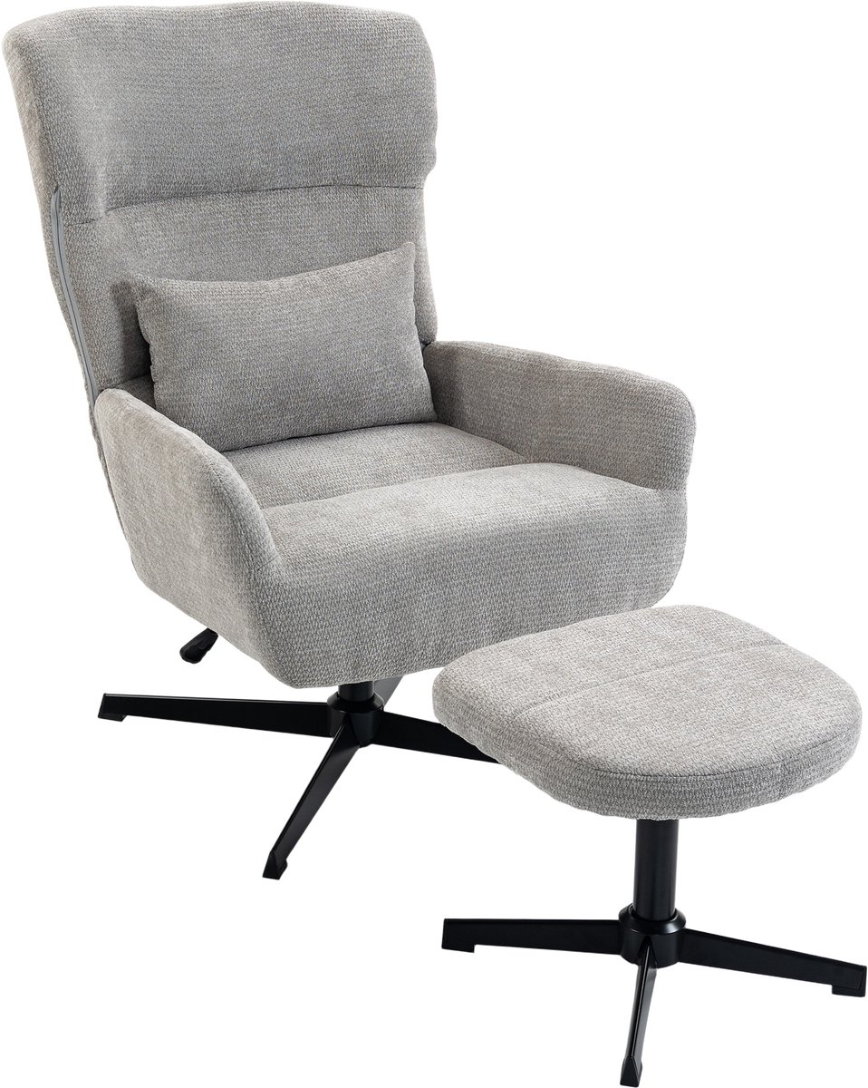 Homona Relaxfauteuil met hocker - 360° draaibaar en in hoogte verstelbaar - Met lendenkussen - 71 x 88 x 98-104 cm - Grijs