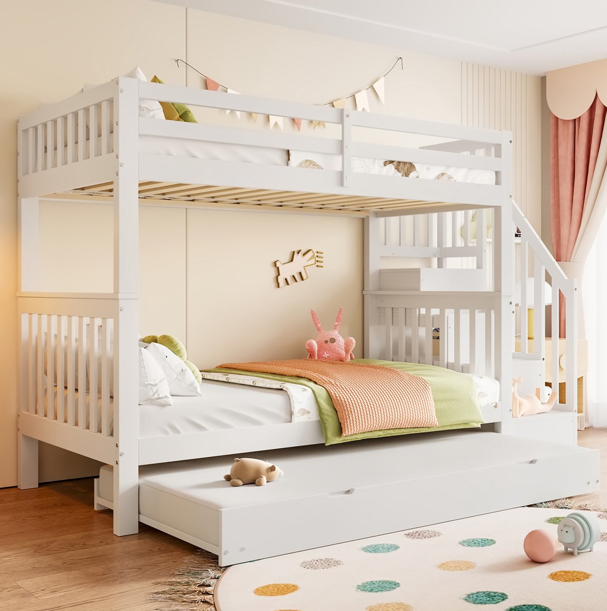 FloraGrace Stapelbed 90x200 cm – Met Uitschuifbaar Onderschuifbed en Traprek – Met Uitvalbeveiliging – Zonder Matras – Hout en MDF – Wit