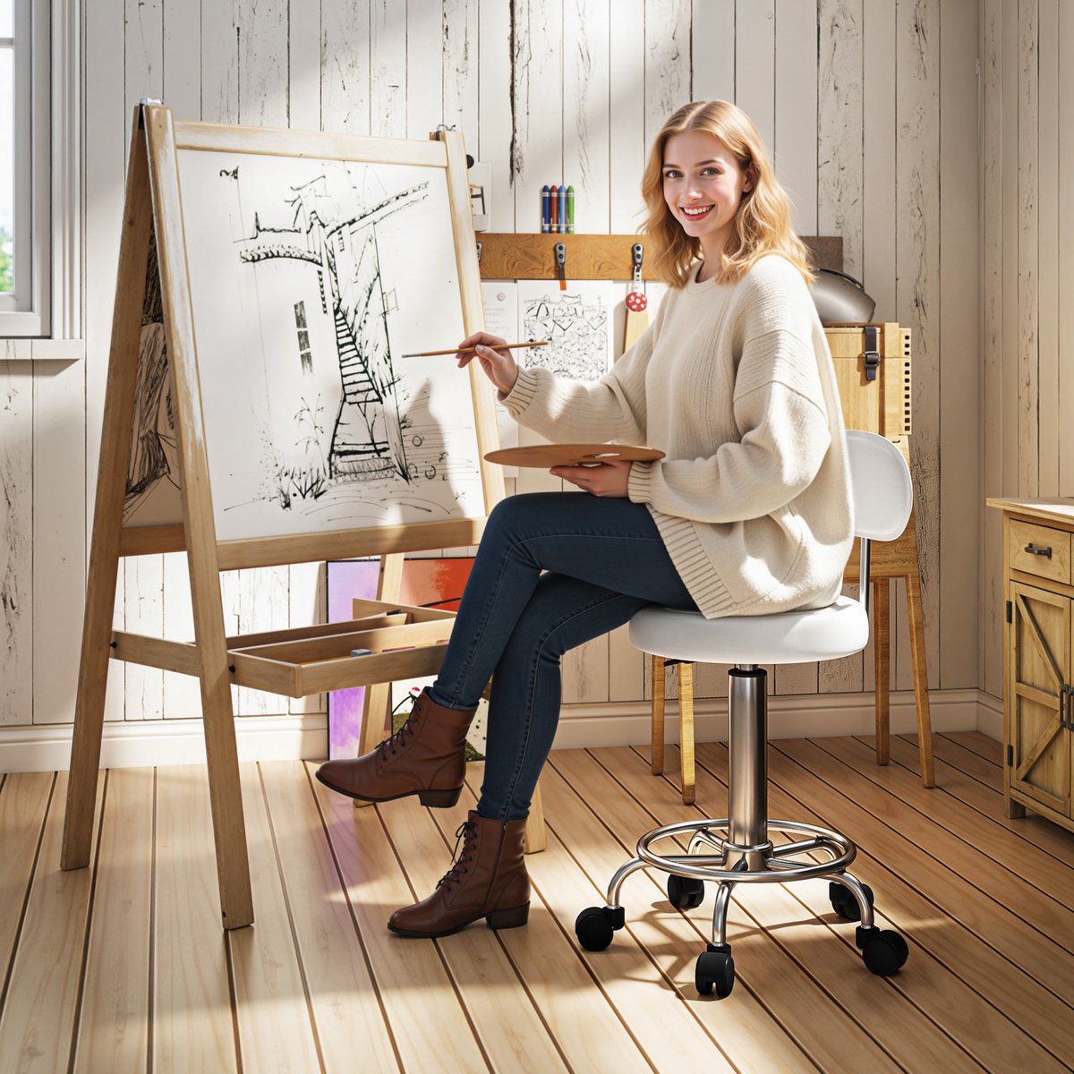 Salonkruk - in hoogte verstelbaar, 360° draaibaar, met rugleuning, op wielen, met voetsteun, wit, voor tattoostudio