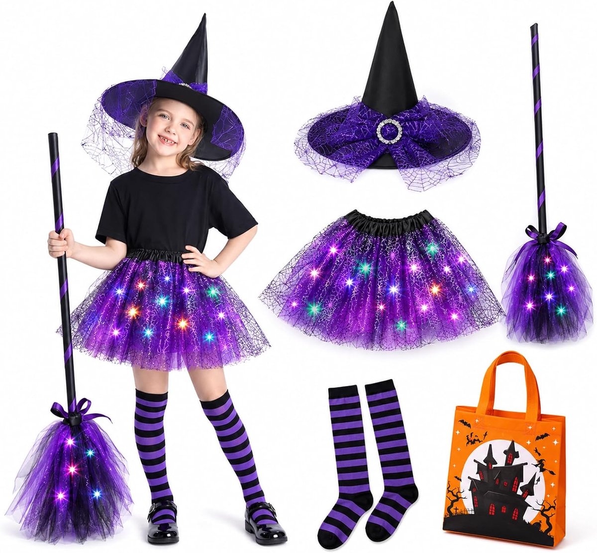 Heksenkostuum voor kinderen, lichtgevend heksenkostuum, led-tutu, tule rok