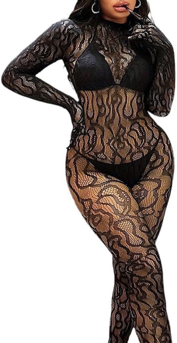 Bodystocking Damesoverall van netstof, bodystocking catsuit, lingerie, lange mouwen, met bloemenkant en uitgehold effect voor dames (C)