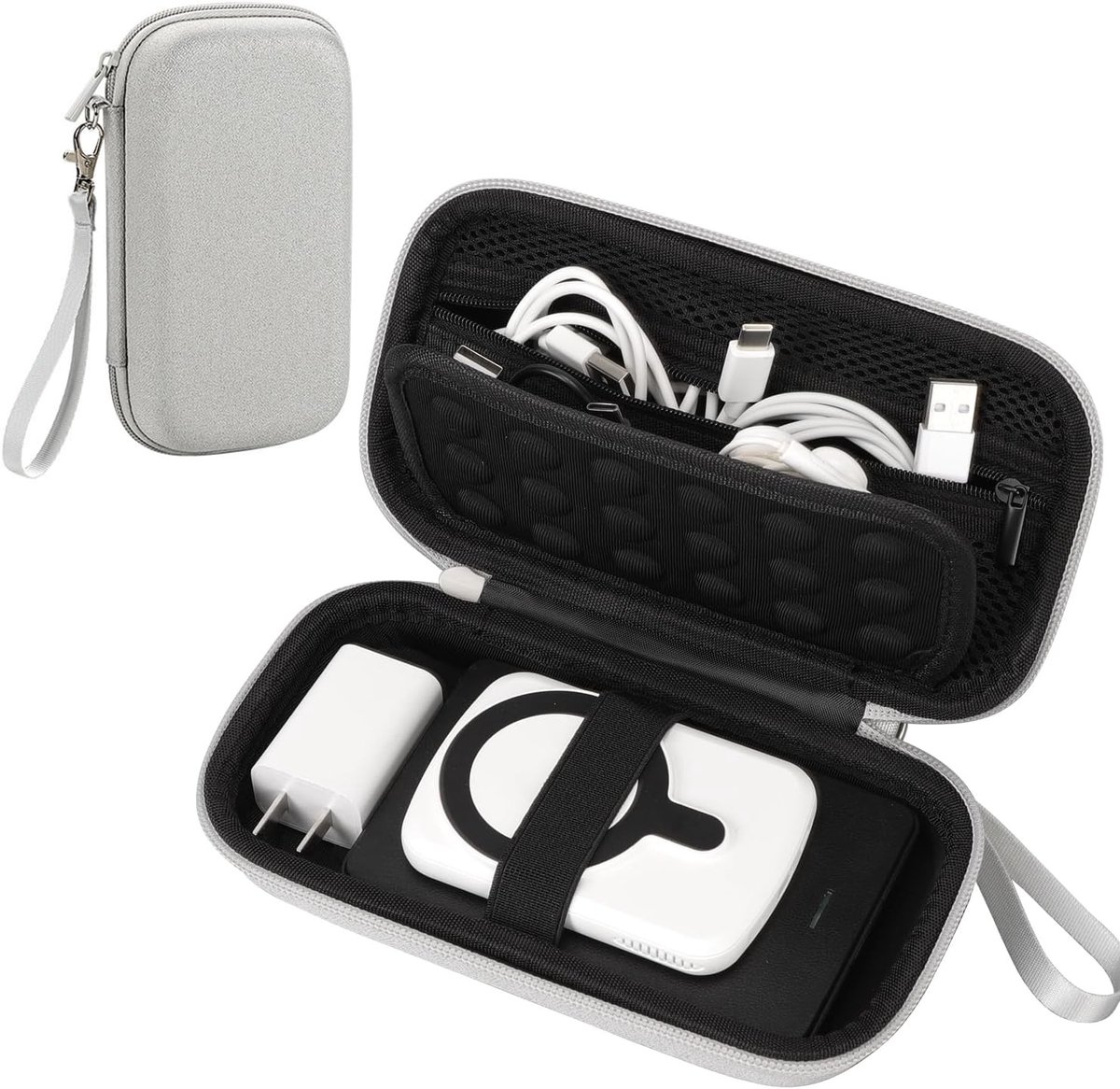Waterdichte Kabel Organizer met Stevige Schelp, Ideaal voor Reizen en Vakanties, Compact en Praktisch, 8.5 x 17.5 x 6 cm, Grijs, Accessoire voor Kabels en Opladers