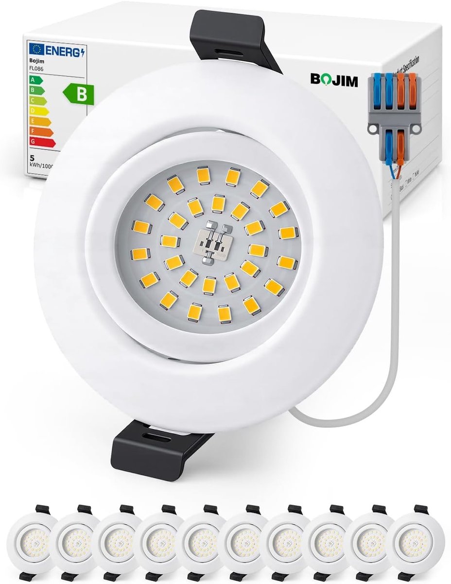 LED Inbouwspot voor Badkamer, IP44 Waterdicht, 4.7 W Energieklasse B, Warm Wit 3000 K, Verlichting voor Keuken, Woonkamer en Slaapkamer, Set van 10 Stuks