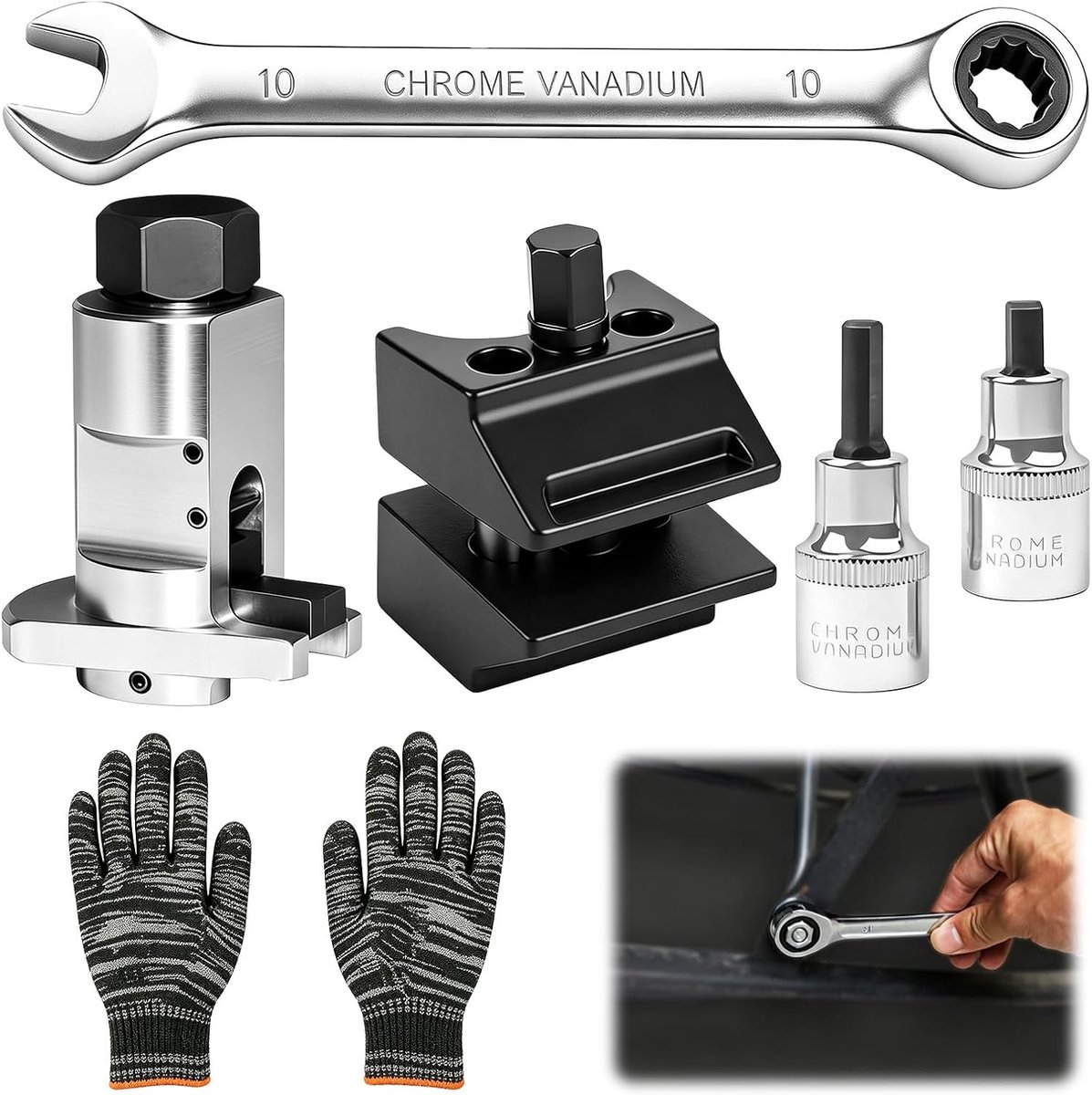 6 stuks veerpootspreiders, schokdemper gereedschap, spreider, wiellagerbehuizing met handschoenen en moersleutel, asmanchetten, spreider, veerspanner, wiellagers, gereedschap voor autoreparatie en