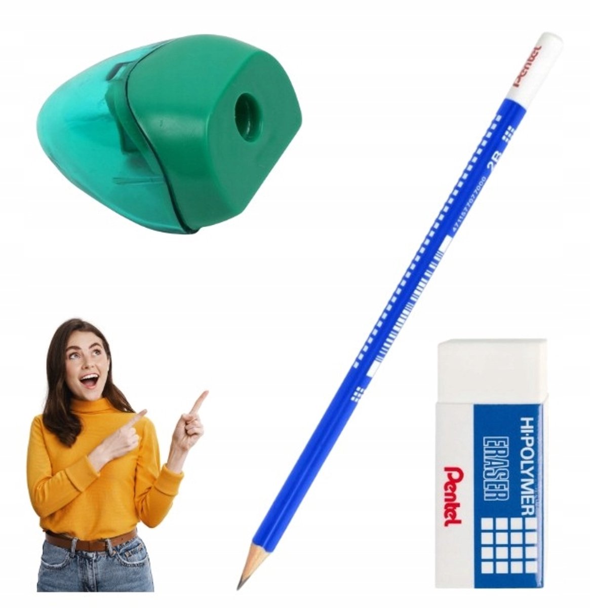 Merkloos Teken- en Schrijfgerei Set: Potlood 2B, Gum & Puntenslijper