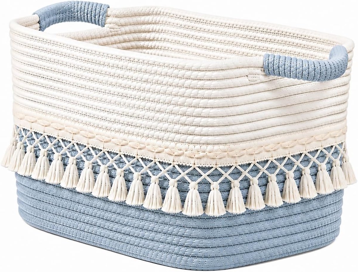 Opbergmanden van gevlochten katoenen touw, groot, boho-stijl, met kwastjes, opbergmanden voor planken, organizerkubussen voor babykleding (blauw)