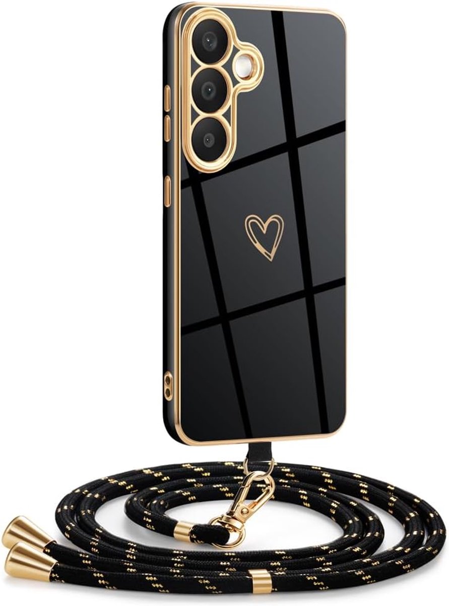 Beschermhoesje voor Samsung Galaxy S25, met koord, siliconen coating, hartje, beschermhoes met trekkoord, met verstelbaar afneembaar koord, case voor Samsung Galaxy S25, goud/zwart