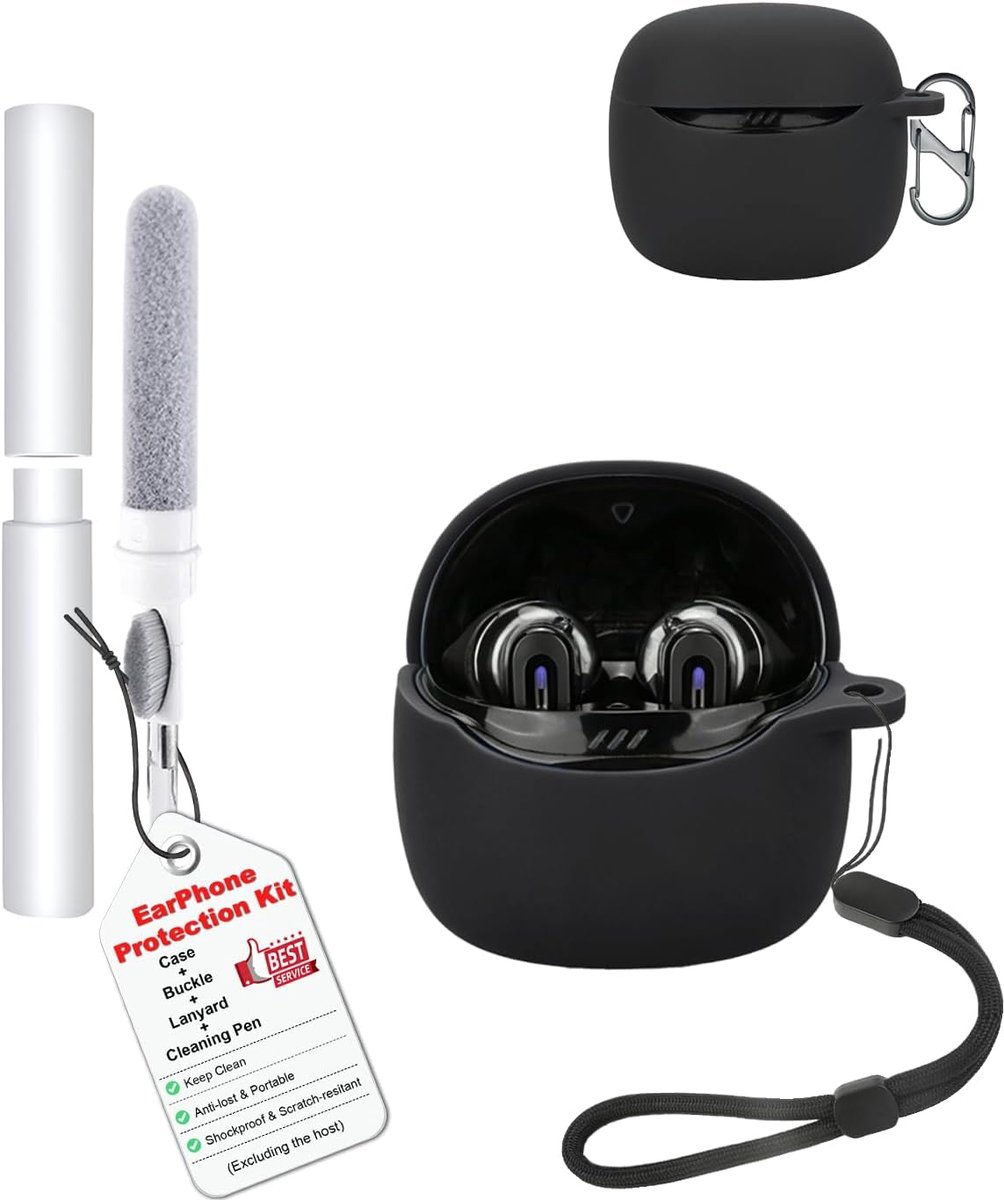 Waterdichte siliconen hoes voor JBL Tune Flex 2, zachte en slanke afdekking met koord, sleutelhanger en reinigingsset, zwart
