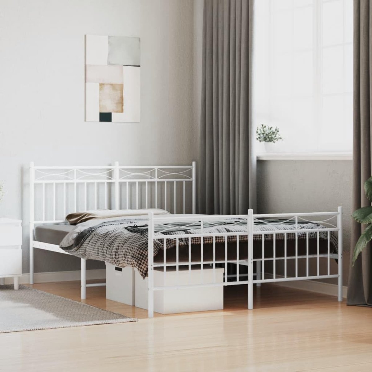 Bedframe met hoofd- en voeteneinde, metaal, wit, 140 x 190 cm, bedframe voor woonkamer, slaapkamer, hotelbedframe, geschikt voor slaapkamer