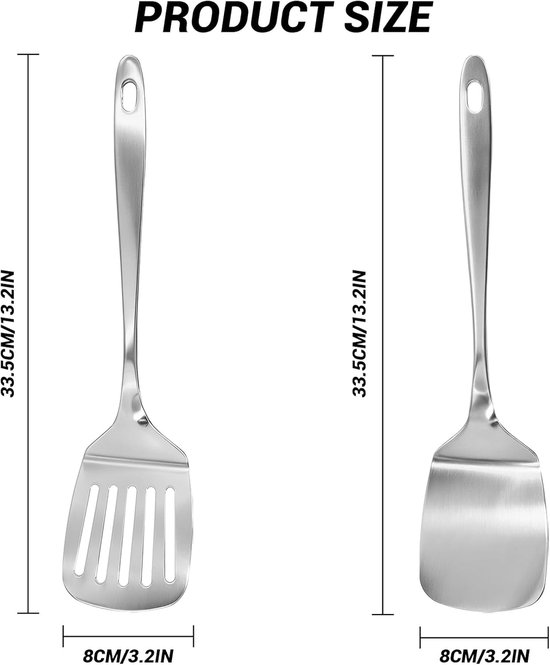 Spatelset, 2-delig, sleuf- en platte roestvrijstalen spatel, geschikt voor antiaanbakpannen, vaatwasmachinebestendig, gemakkelijk te reinigen, voor keuken, barbecue en camping — afbeelding 2