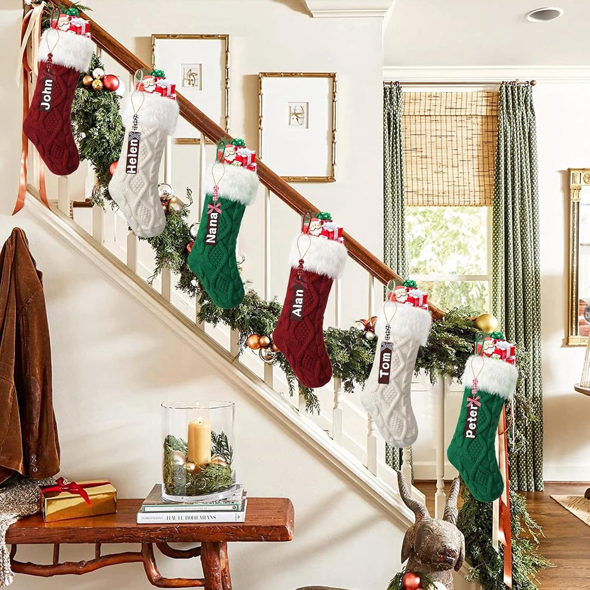 6 stuks Gebreide Kerstsok van Wol met Naamlabels Kerstkousen Decoratie Christmas Stockings voor Kerstfeestje Kerstdecoraties en Kindergeschenken