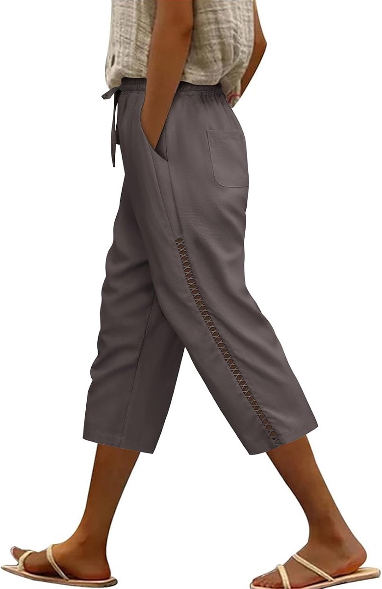 Linnen broek voor dames, elastisch trekkoord, elastische taille, damesbroek voor de zomer, met zakken, lichte zomerbroek, casual holle broek, 3/4-broek voor dames