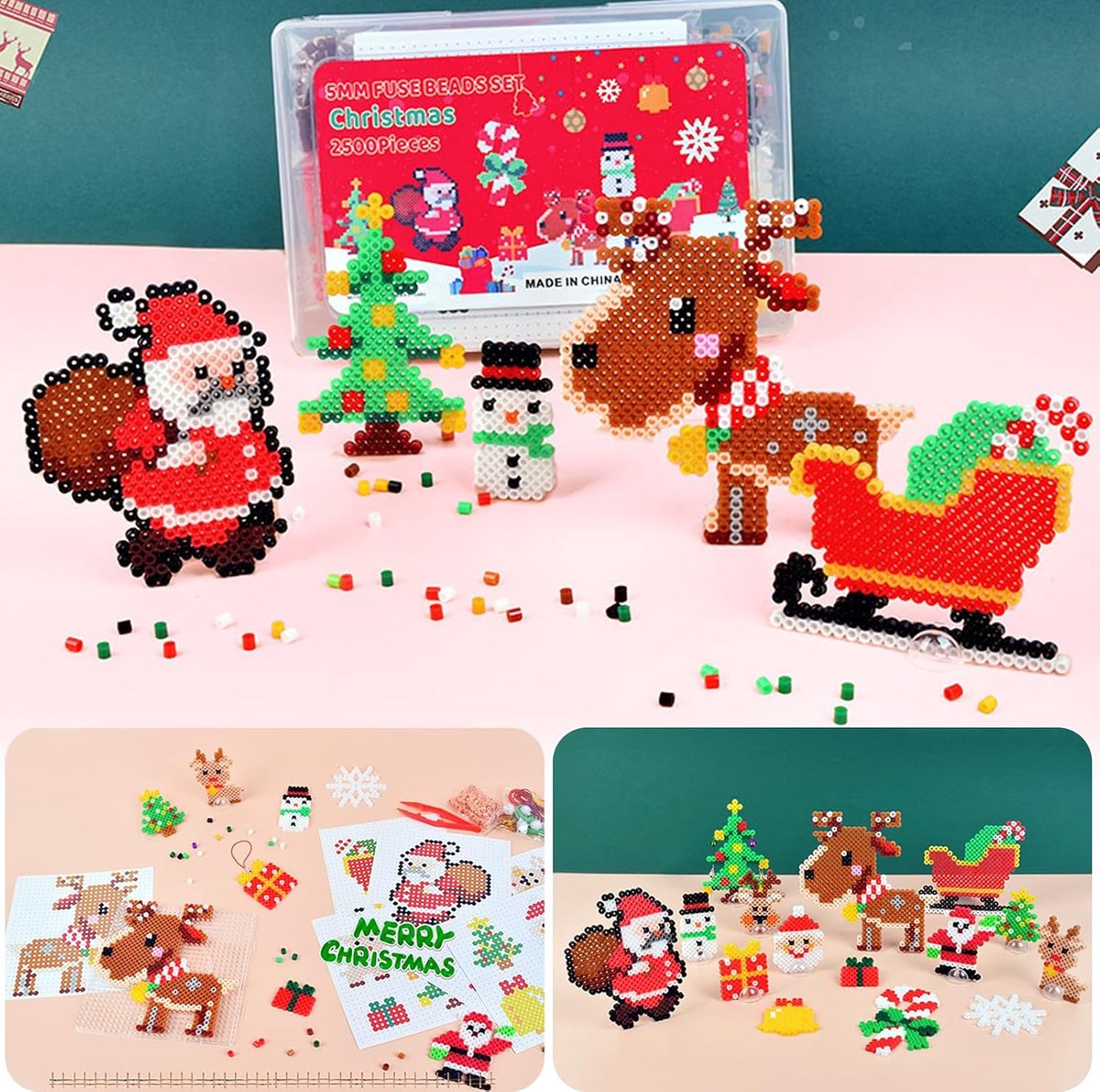 Strijkkralen voor Kerstmis, 5 mm strijkkralen, kerstset, 15 patronen, strijkpapier, hangers en accessoires voor knutselen, handwerk voor kinderen, cadeau, kerstdecoratie (rood) — cadeau in Spellen & Speelgoed - foto 4