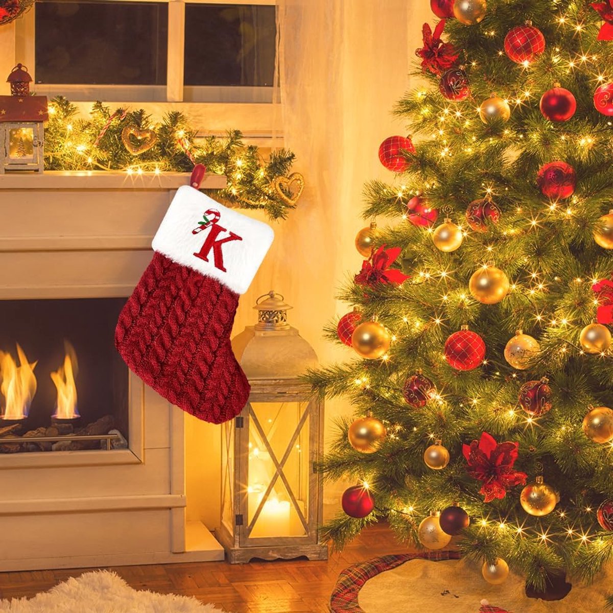 Kousen, 7,9 inch/20 cm, gepersonaliseerde gebreide kous met lettermonogram, kerstkousen, rode kerstkousen, pluche manchet, hangende kousen, geschenken, vasthouden voor kerstboom