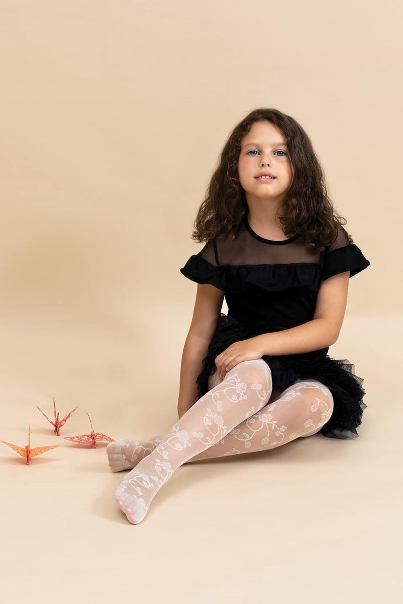 Aurelia Panty voor meisjes, doorschijnend, bloemenpatroon, panty voor ceremonies, kanten sokken, Made in Italy, 1 paar crème, 6 Jaar