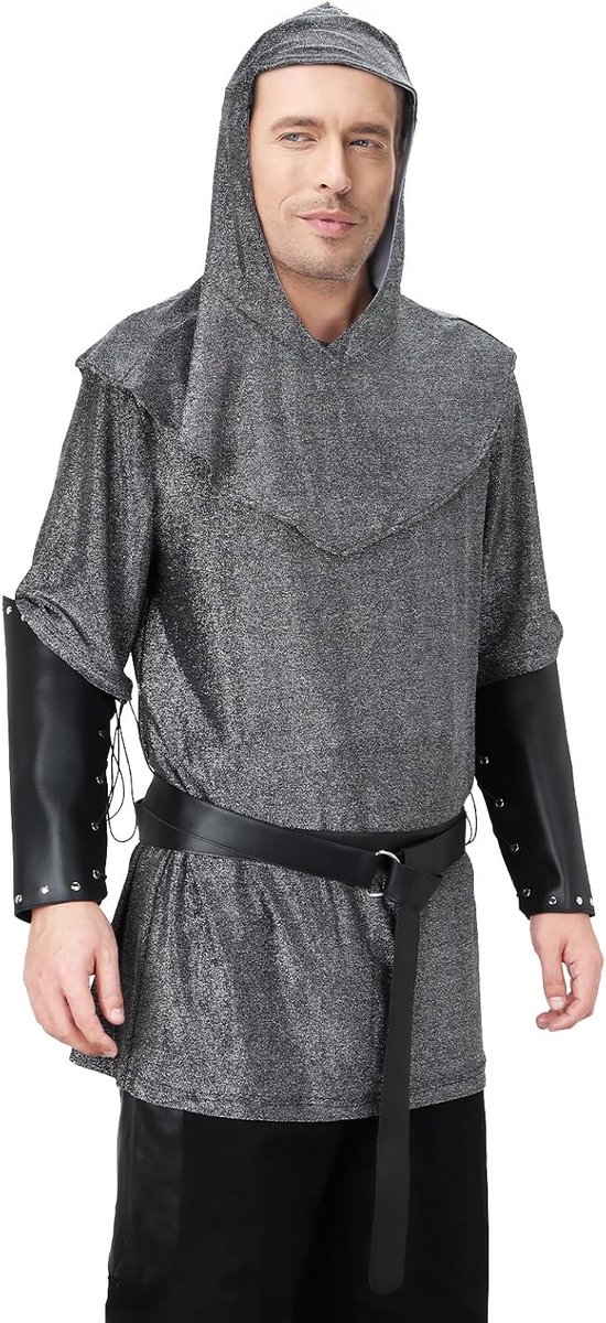 Renaissance Faux Ketting Mail Tuniek Armor Shirt Coif Middeleeuwse Ridder Kruisvaarder Kap Halloween Aankleden Kostuum outfit Bracers Taille Riem Set Accessoires