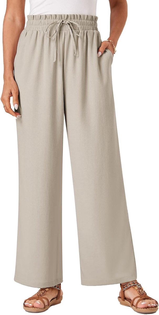 Damesbroek, casual, flowy brede pijpen, vrijetijdsbroek, hoge taille, trekkoord, Palazzo broek met zakken