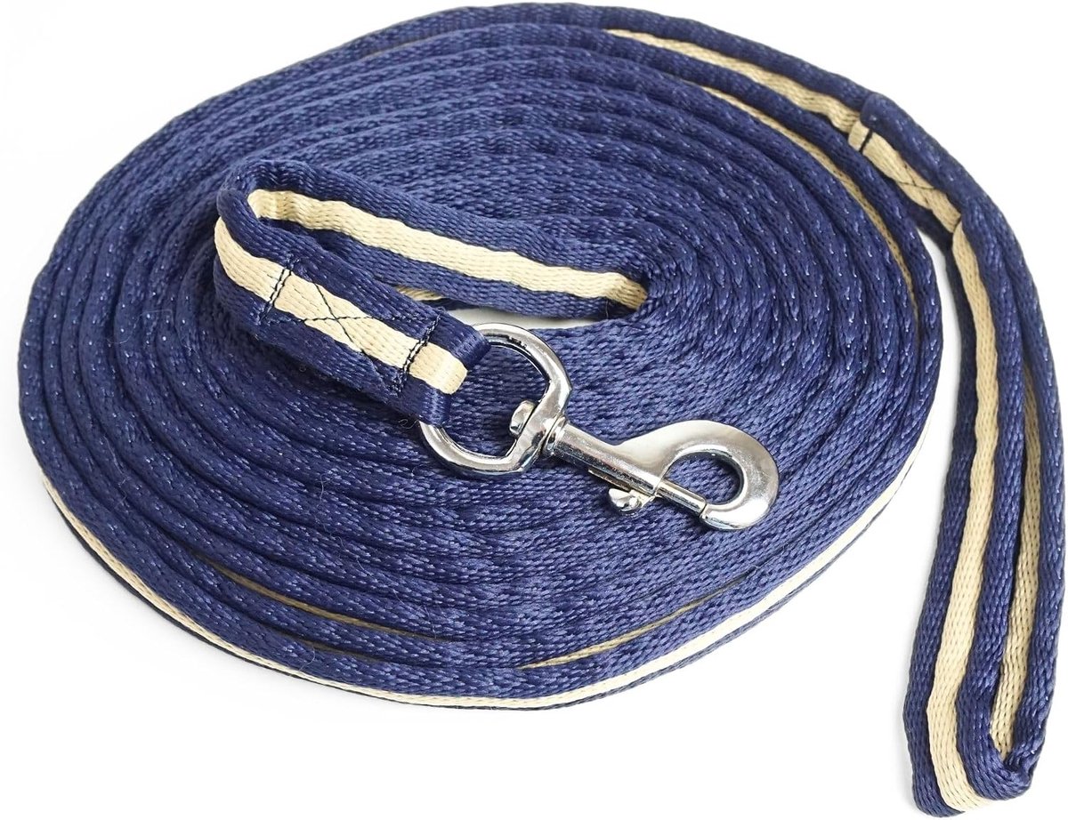 Longierlijn voor paarden, lang paard, ideaal voor grondwerk, gymnastiek, softlange lengte 8 m (donkerblauw crème)