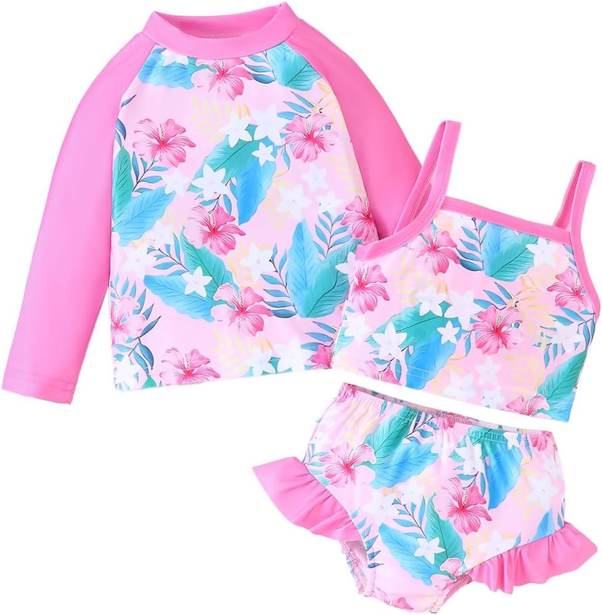 3-delige rashguard badpakset voor kleine meisjes met lange mouwen, badmode, tankini, UPF-zonbescherming voor zomer, badkleding, 12 maanden - 5 jaar