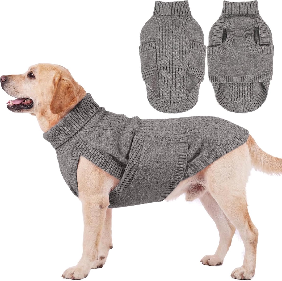 Hondentrui voor grote honden, gebreide wintertrui met rolkraag en harnasopening, warme hondentrui winter zonder mouwen, vlechtpatroon, pullover, Labrador Retriever, lichtgrijs 3XL
