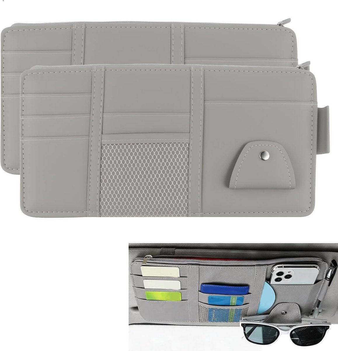 2 stuks auto zonneklep organizer, PU lederen auto-interieur opbergtas met 7 zakken inclusief ritsvak, zonnebrilhouder voor auto, tas voor kaarten telefoon pen licentie - grijs 29 × 15 cm