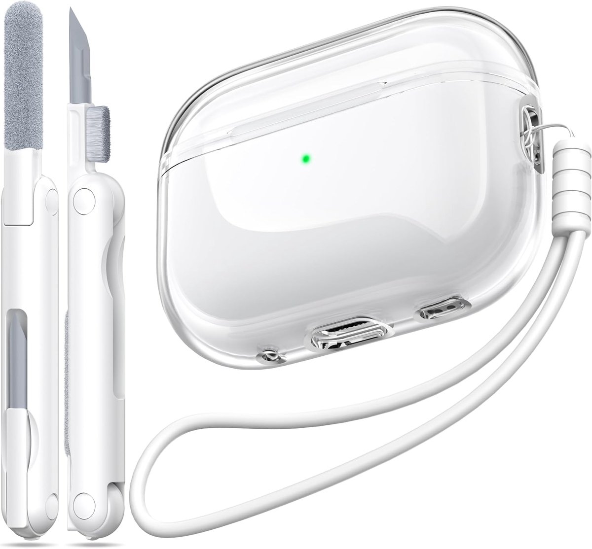 Pro 2e/1e generatie hoes, compatibel met Airpods Pro Case 2e generatie USB C-oplaadpoort, doorzichtige zachte schokbestendige hoes met sleutelkoordreinigingspen,Wit