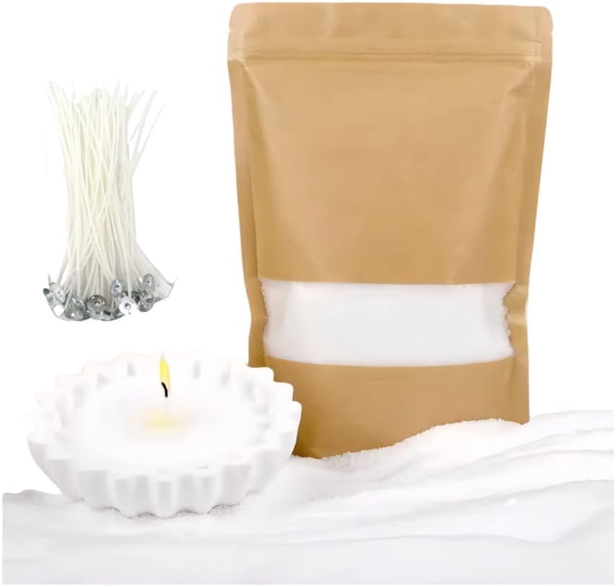 Parelkaarsen met 50 stuks lonten, 1 pond kaars zandwas, navulbare plant zand kaarsen met lonten kit voor doe-het-zelf handgemaakte kaarsen maken, feest, bruiloft, woondecoratie (wit)