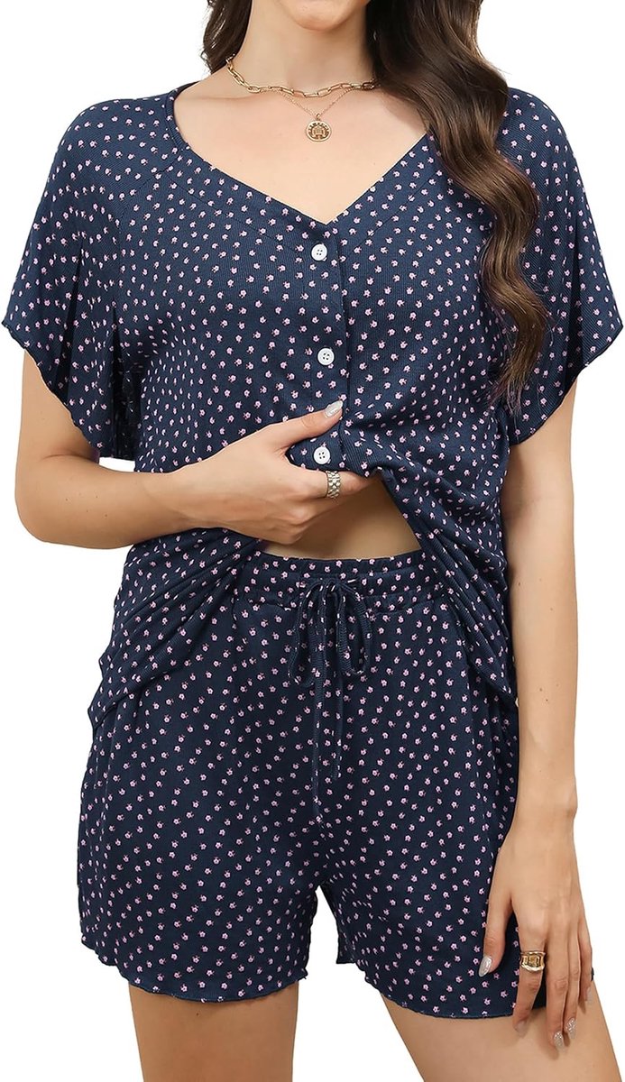 Pyjama voor Dames met Knoopsluiting, V-hals Katoenen Pyjamaset Shorty Loungewear Nachtkleding Zomer Pyjama met Korte Broek