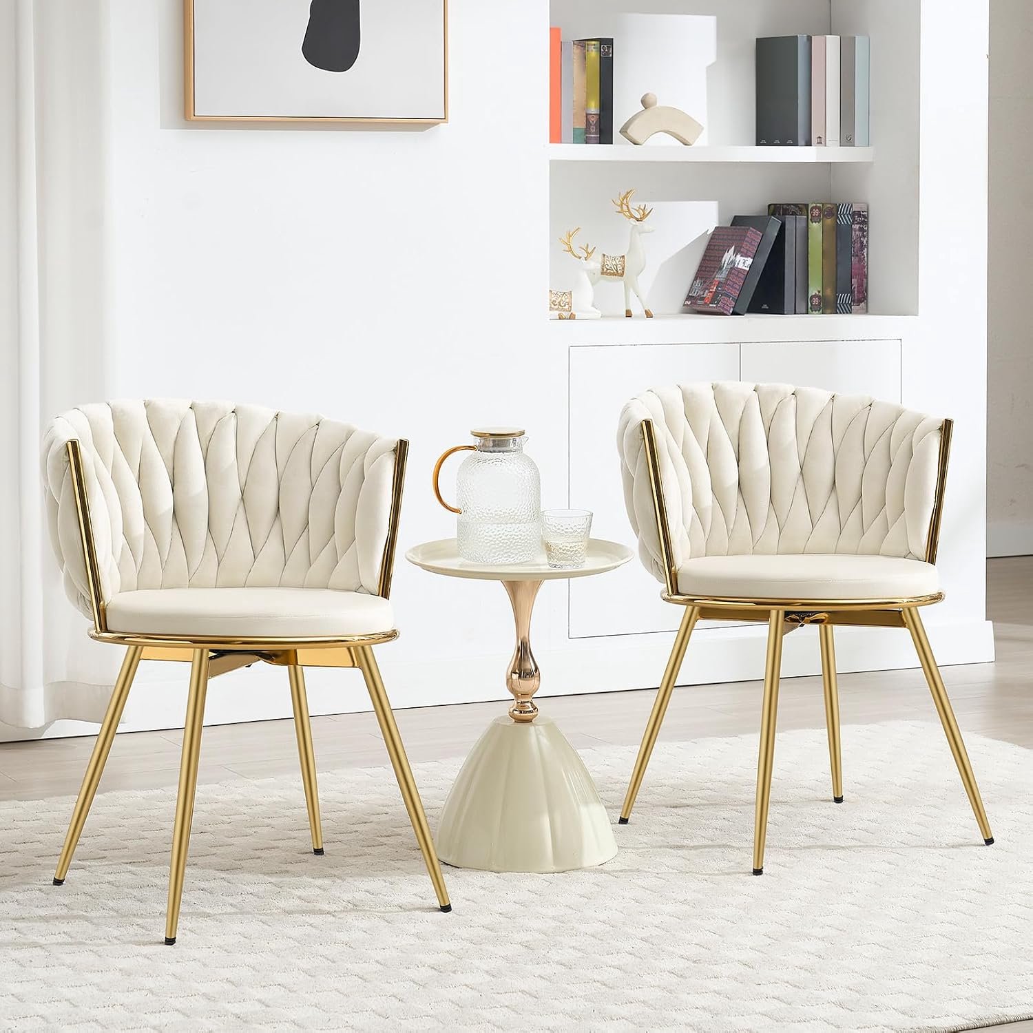 Draaibare Fluwelen Eetkamerstoelen Set van 2 Beige – 360° Ergonomische Keukenstoelen met Gewatteerde Zitting, Metalen Frame en Comfortabele Rugleuning