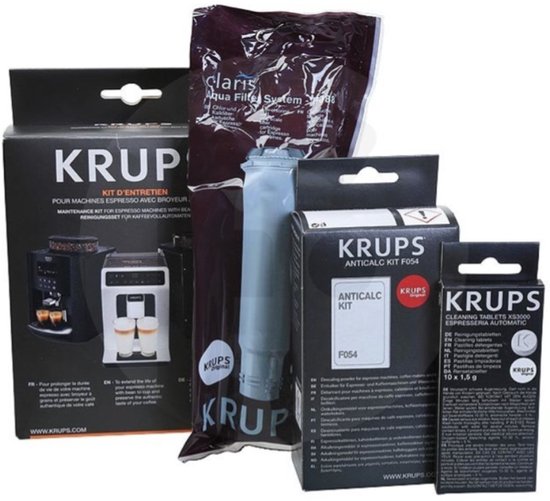 Krups onderhoudsset met waterfilter, ontkalkingspoeder en reinigingstabletten in originele verpakkingen.