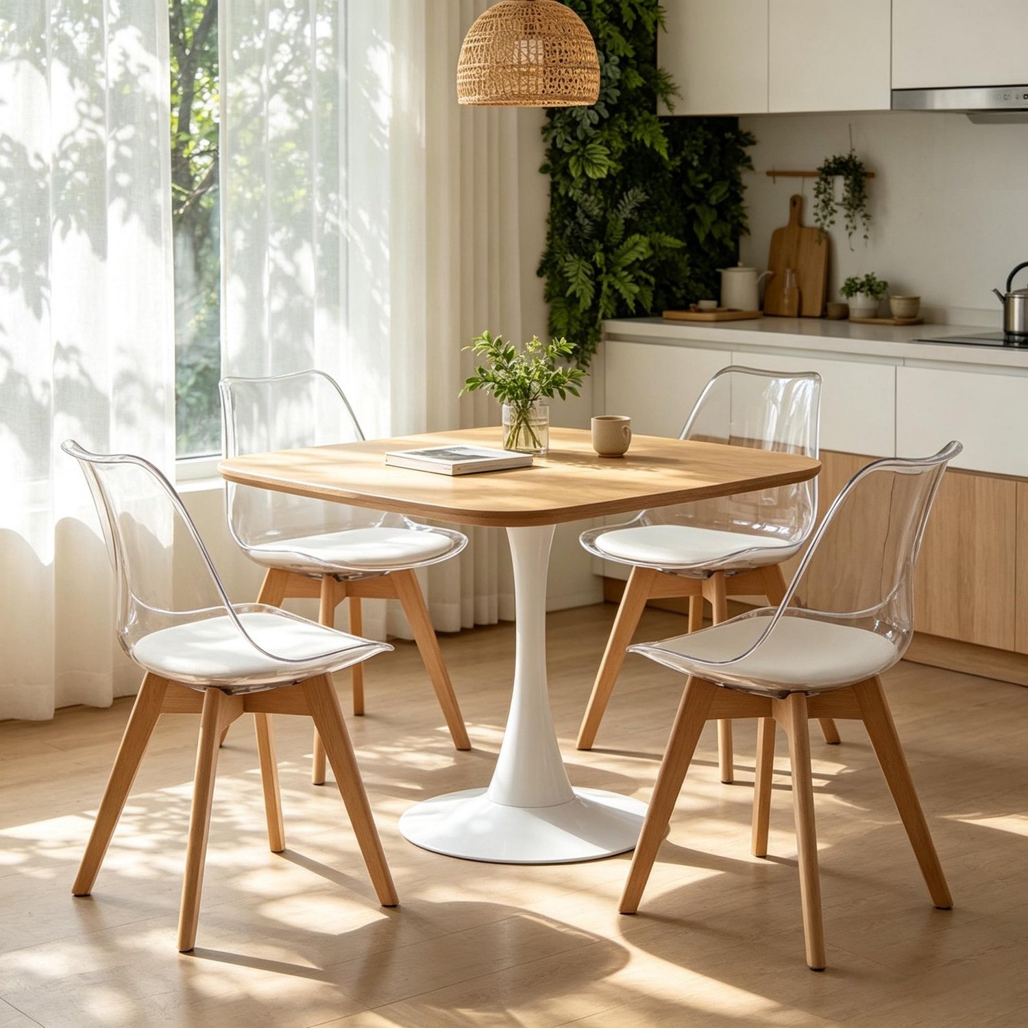 OKWISH Eetkamerstoelen Set van 4 - 83 cm Hoog, Gewatteerde Zitting en Houten Poten - Voor Eetkamer en Woonkamer - Kunststof en Kunstleer - Wit
