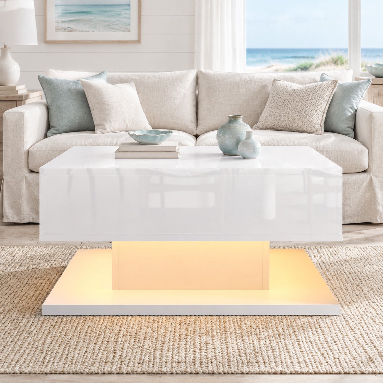 Wishdor Salontafel met in hoogte verstelbaar blad en opbergruimte - Klapdeksel met vakken - Twee lades en LED-verlichting via app - Zwevend hoogglans ontwerp - MDF - Wit - 72 x 72 x 35 cm
