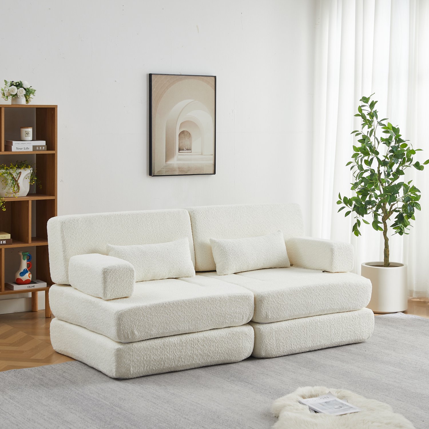 OKWISH Slaapbank 182 x 90 x 80 cm - Modulair en Omvormbaar tot Logeerbed - Voor Woonkamer en Logeerkamer - Chenille en IJzer - Beige Gebroken wit