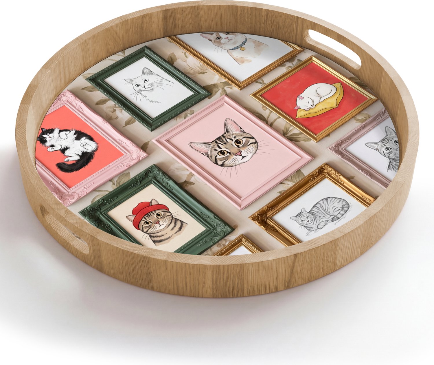 Dienblad rond 50x50 cm - Schootdienblad hout - Kat - Portret - Dieren - Illustratie - Lijst - Borrelplank rechthoek - Plateau houten dienbladen