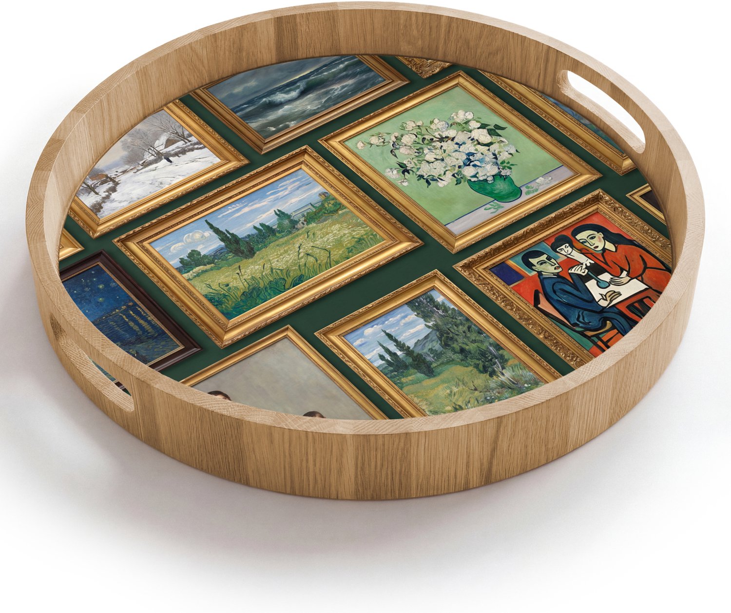 Dienblad rond 40x40 cm - Schootdienblad hout - Kunst - Schilderijen - Collectie - Klassiek - Groen - Borrelplank rechthoek - Plateau houten dienbladen