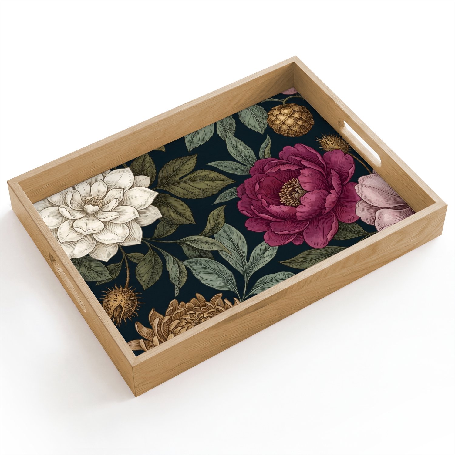 Dienblad hout 40x30 cm - Schootdienblad - Bloemen - Botanisch - Illustratie - Donker - Vintage - Borrelplank rechthoek - Plateau dienbladen