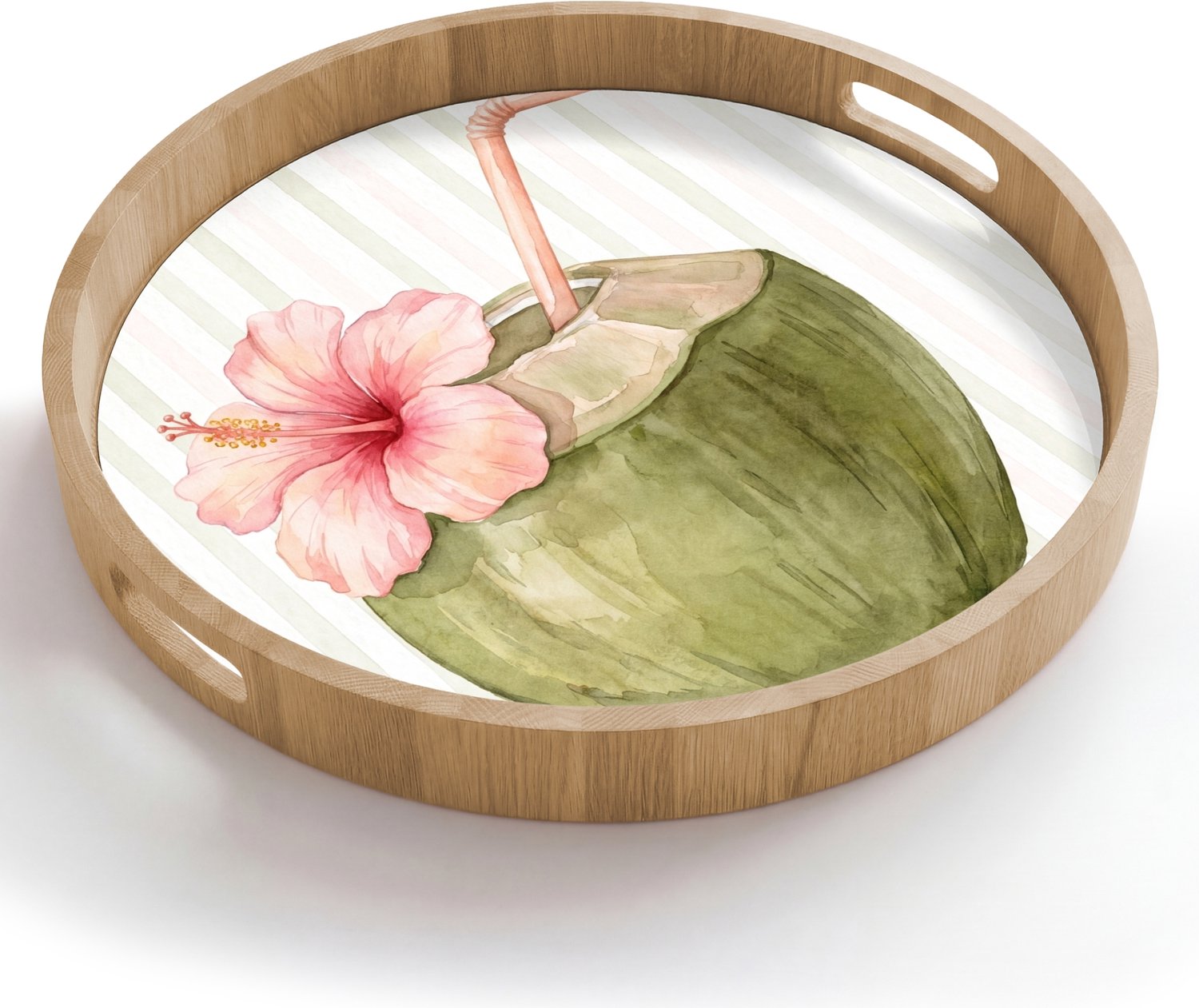 Dienblad rond 50x50 cm - Schootdienblad hout - Kokosnoot - Drank - Tropisch - Illustratie - Zomer - Borrelplank rechthoek - Plateau houten dienbladen