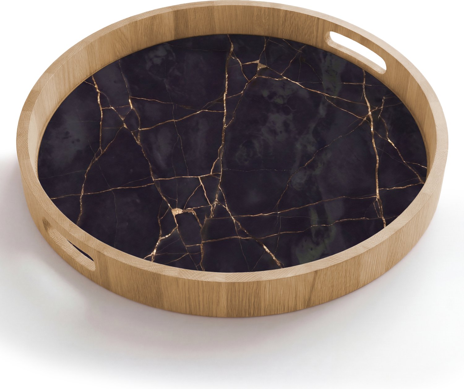 Dienblad rond 50x50 cm - Schootdienblad hout - Textuur - Gouden lijnen - Abstract - Modern - Zwart - Borrelplank rechthoek - Plateau houten dienbladen