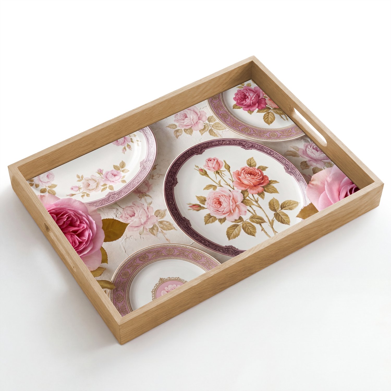 Dienblad hout 50x35 cm - Schootdienblad - Bloemen - Patroon - Vintage - Roze - Decoratie - Borrelplank rechthoek - Plateau dienbladen