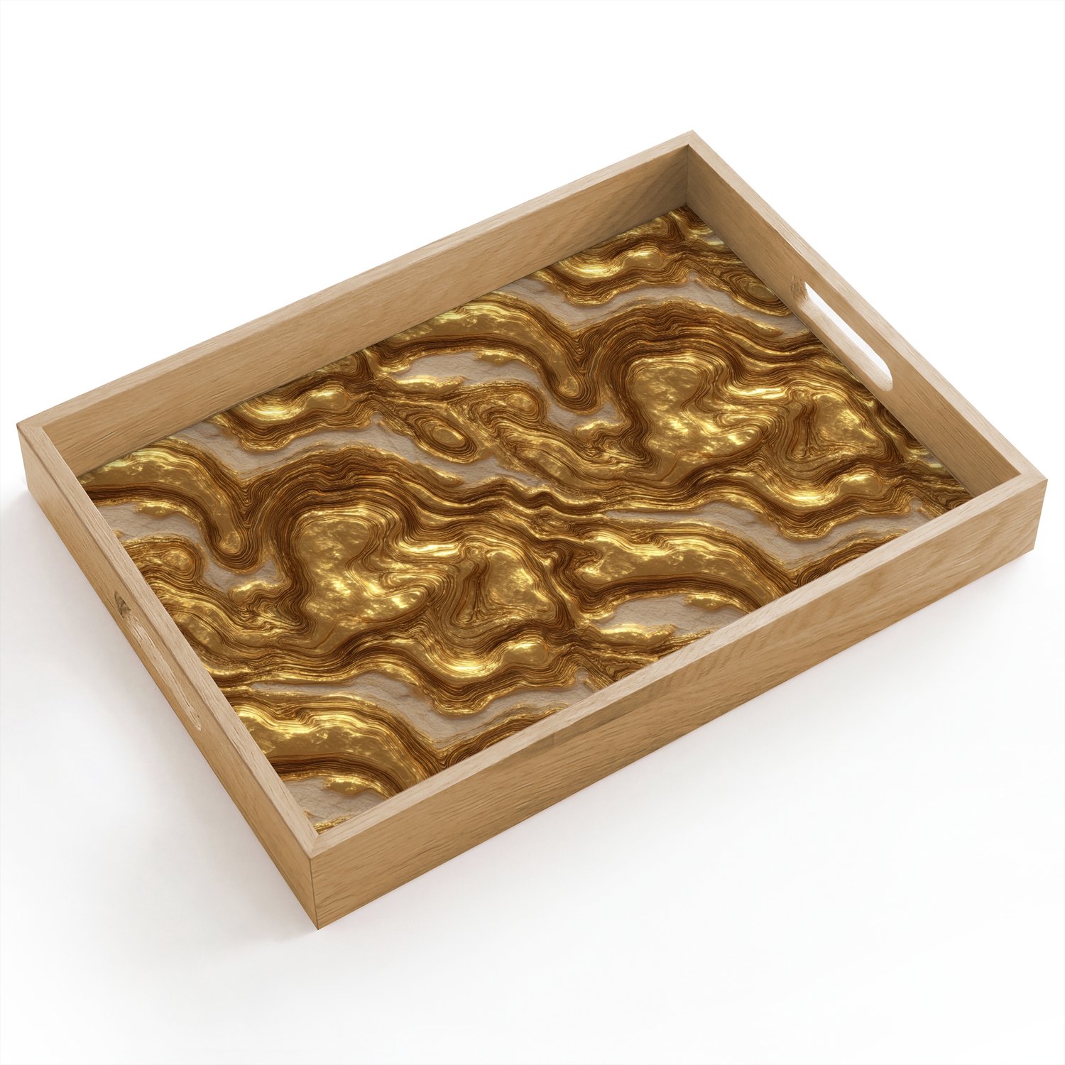Dienblad hout 40x30 cm - Schootdienblad - Golven - Organisch - Goud - Crème - Borrelplank rechthoek - Plateau dienbladen