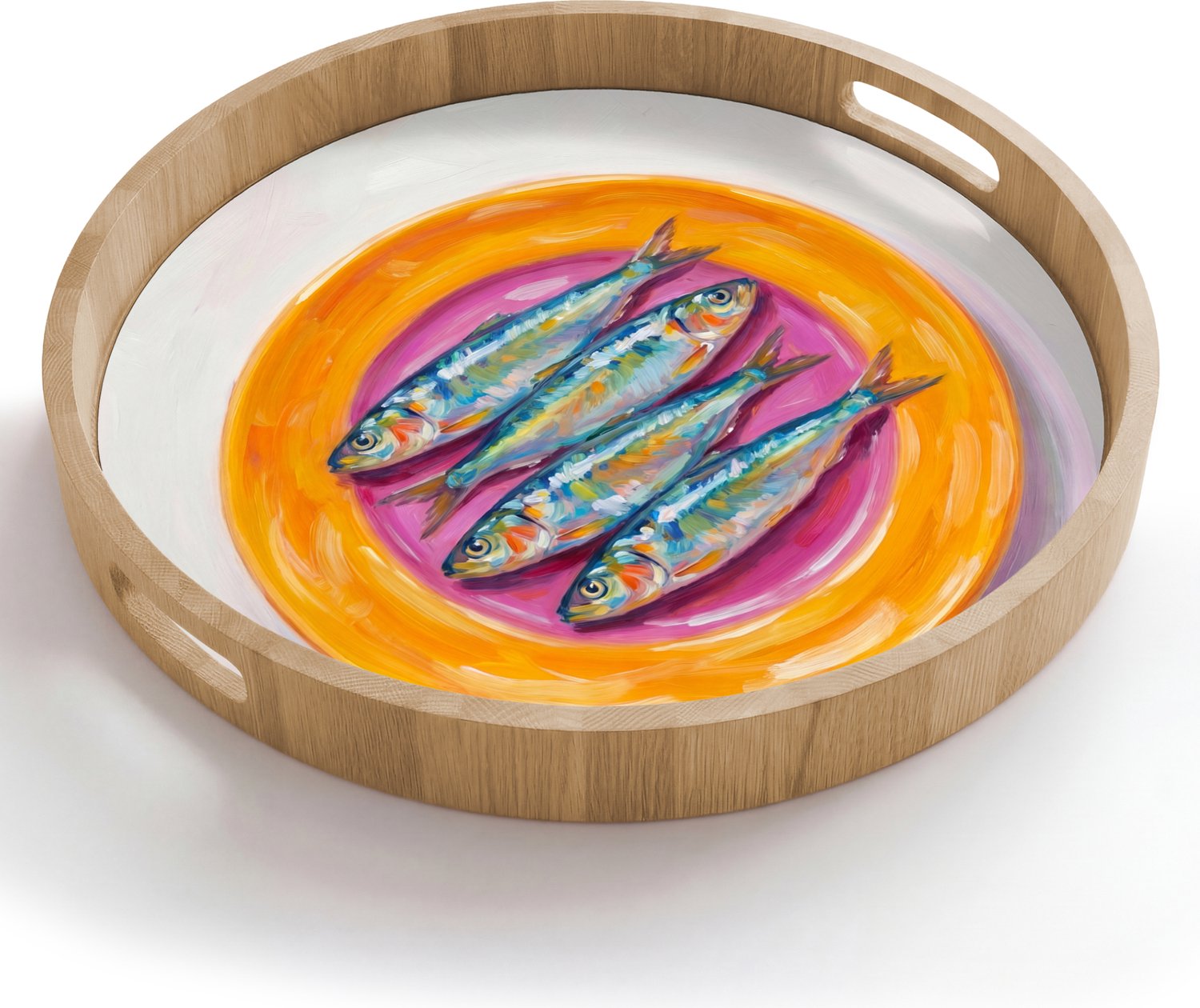 Dienblad rond 50x50 cm - Schootdienblad hout - Vis - Vier - Eten - Modern - Kleurrijk - Borrelplank rechthoek - Plateau houten dienbladen