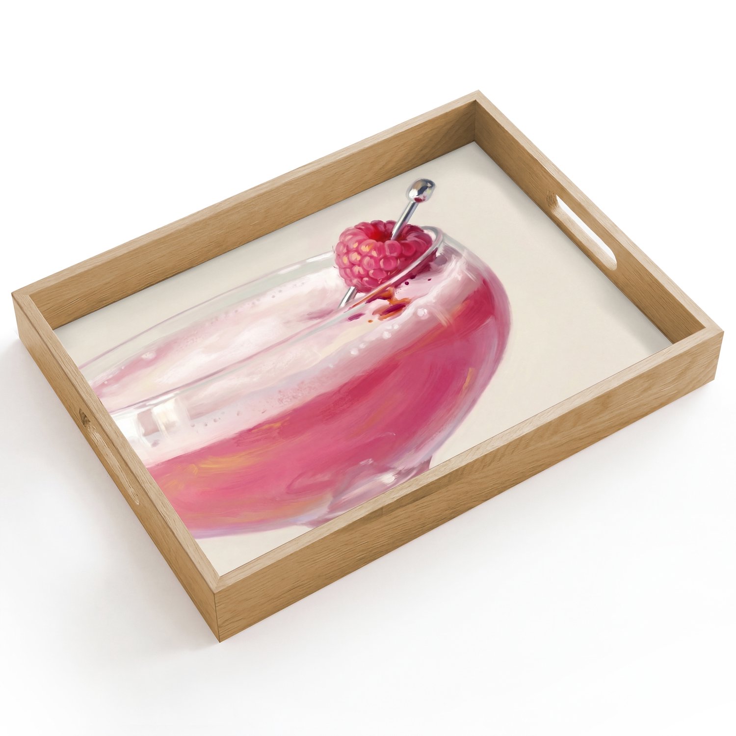 Dienblad hout 40x30 cm - Schootdienblad - Cocktail - Framboos - Drank - Modern - Roze - Borrelplank rechthoek - Plateau dienbladen