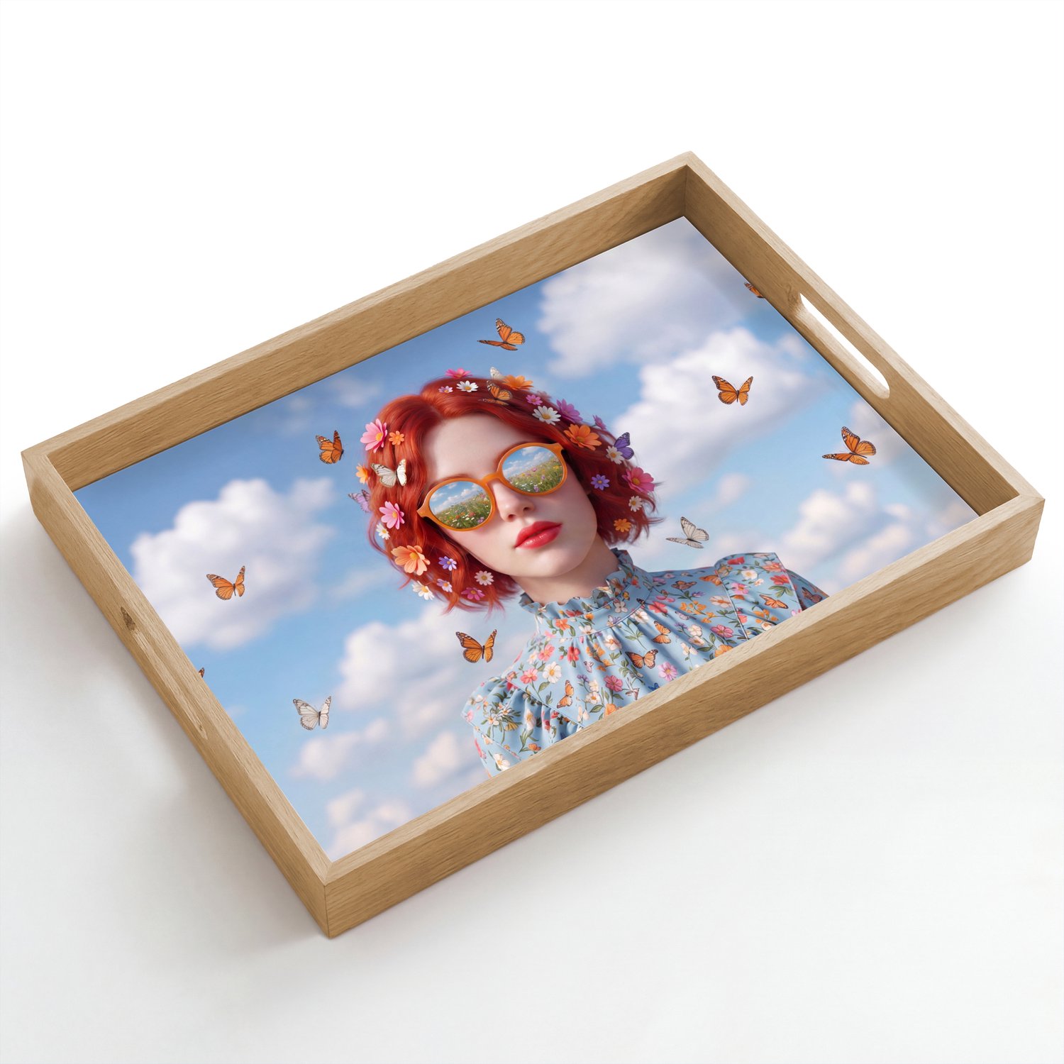 Dienblad hout 50x35 cm - Schootdienblad - Vrouw - Bloemen - Zomer - Portret - Kleurrijk - Borrelplank rechthoek - Plateau dienbladen