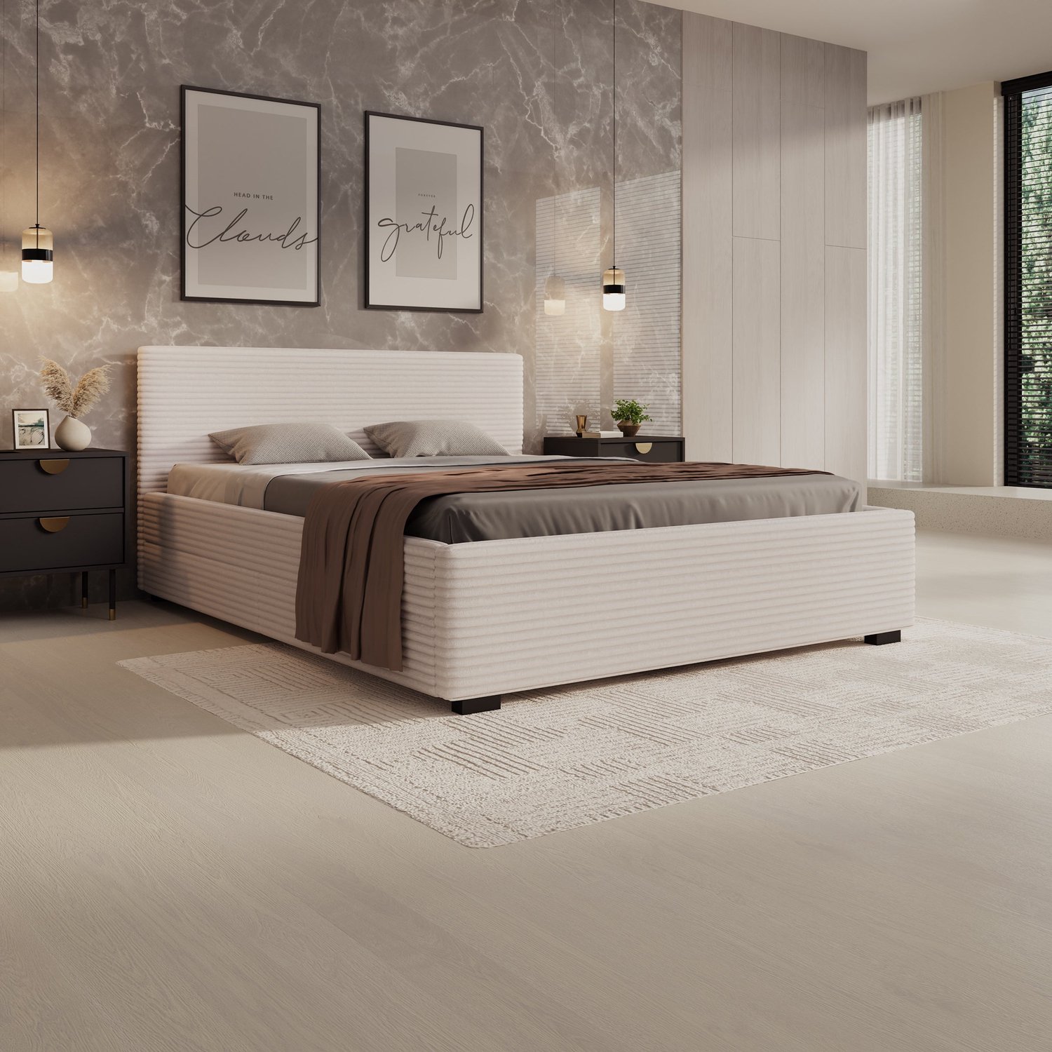 MEUBELLA Tweepersoonsbed Loox - Beige ribstof - 160x200 cm