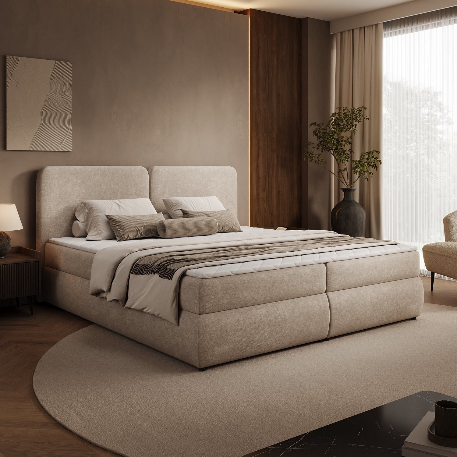 Meubella - Novu - Boxspring met opbergruimte - Stof beige - 180x200 cm
