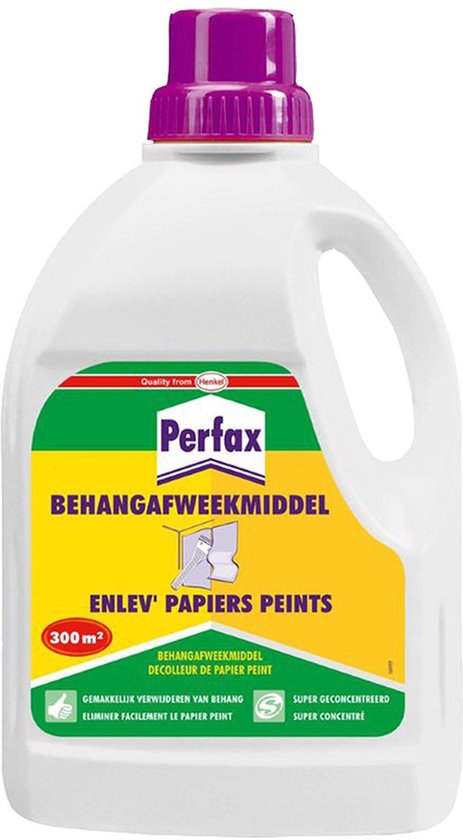 Witte fles Perfax behangafweekmiddel met paarse dop, 300 m2 bereik, super geconcentreerd.