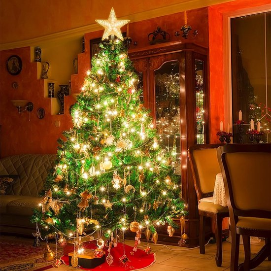 Kerstster Als Piek Voor de Kerstboom, Gouden Kerstboom Piek in de Vorm Van Een Ster, Decoratie op Batterijen Voor Kerstbomen Binnenshuis.