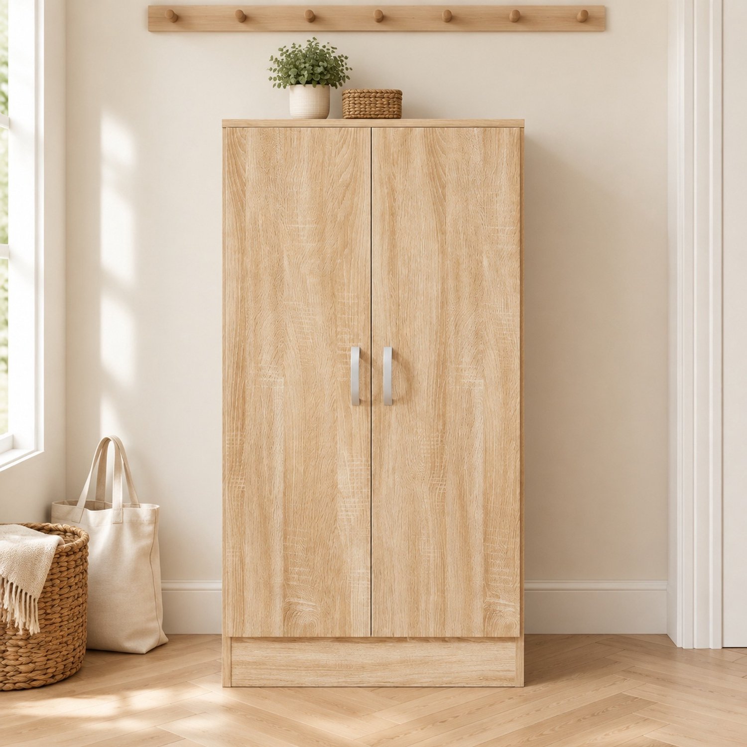 MODFU Schoenenkast - 2 Deuren - 6 Verstelbare Legplanken - Soft-Close Scharnieren - Spaanplaat - Naturel Houtkleur - 55x35x108 Cm